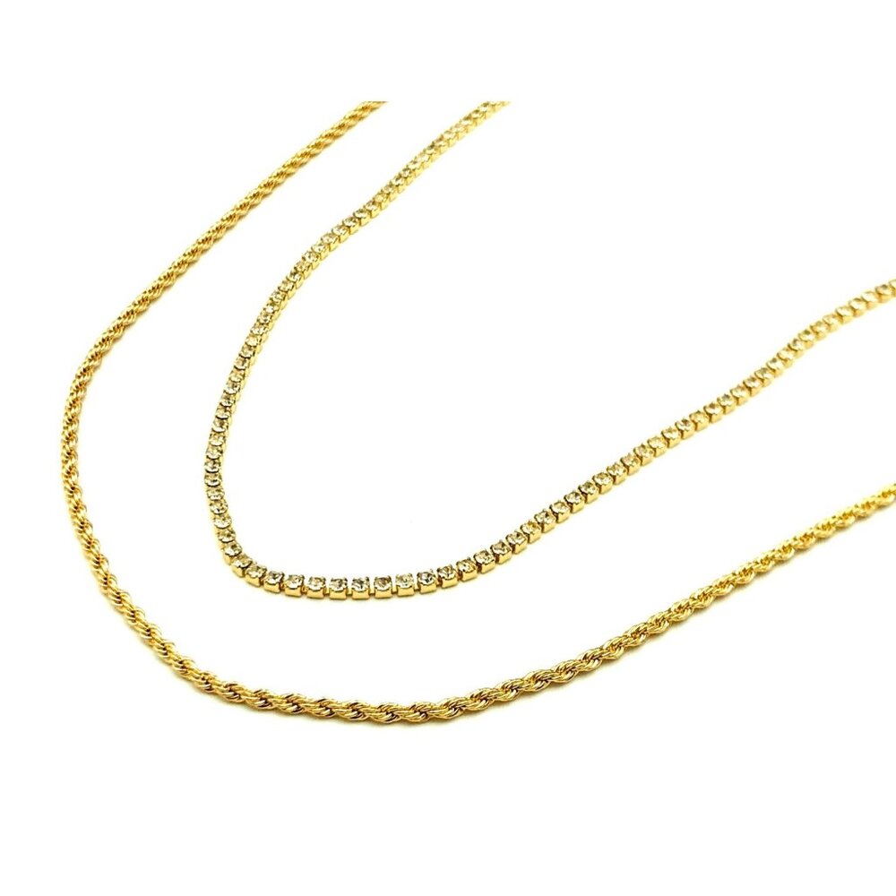 Vintage Style Gold-Tone Double-Layer Necklace With Rope Chain & Rhinestone Chain